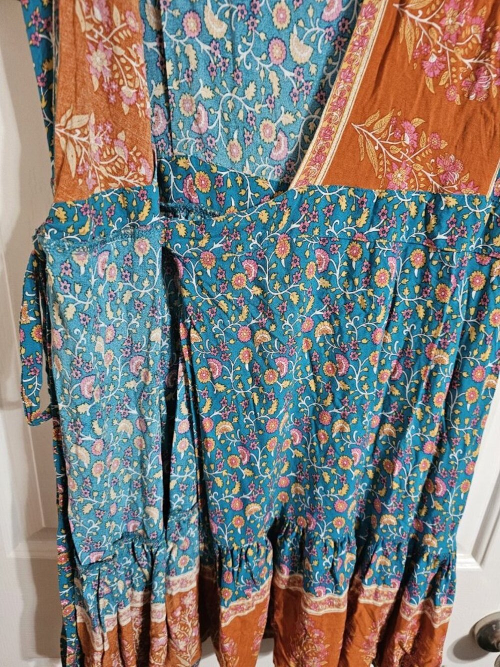 ZESICA Womens Medium Wrap Dress Blue Rust Floral Rayon Iconic Boho Festival Mini - Picture 5 of 8